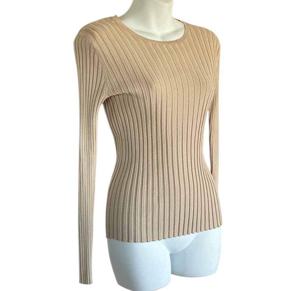 Banana Republic Sweater Women's M Tan Ribbed Stretchy long Sleeve Scoop Neck EUC